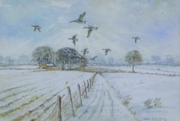 LISHMAN, JAMES (1931-2024) British (AR), Canada Geese over a Snowy Landscape, watercolour, signed,