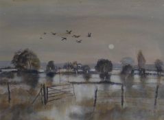 LISHMAN, JAMES (1931-2024) British (AR), Canada Geese over Flooded Landscape, oil on board,