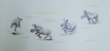 THOMPSON, RALPH (1913-2009) British (AR), Baby Rhinos, first proof, print, unframed. 42 x 75 cm.