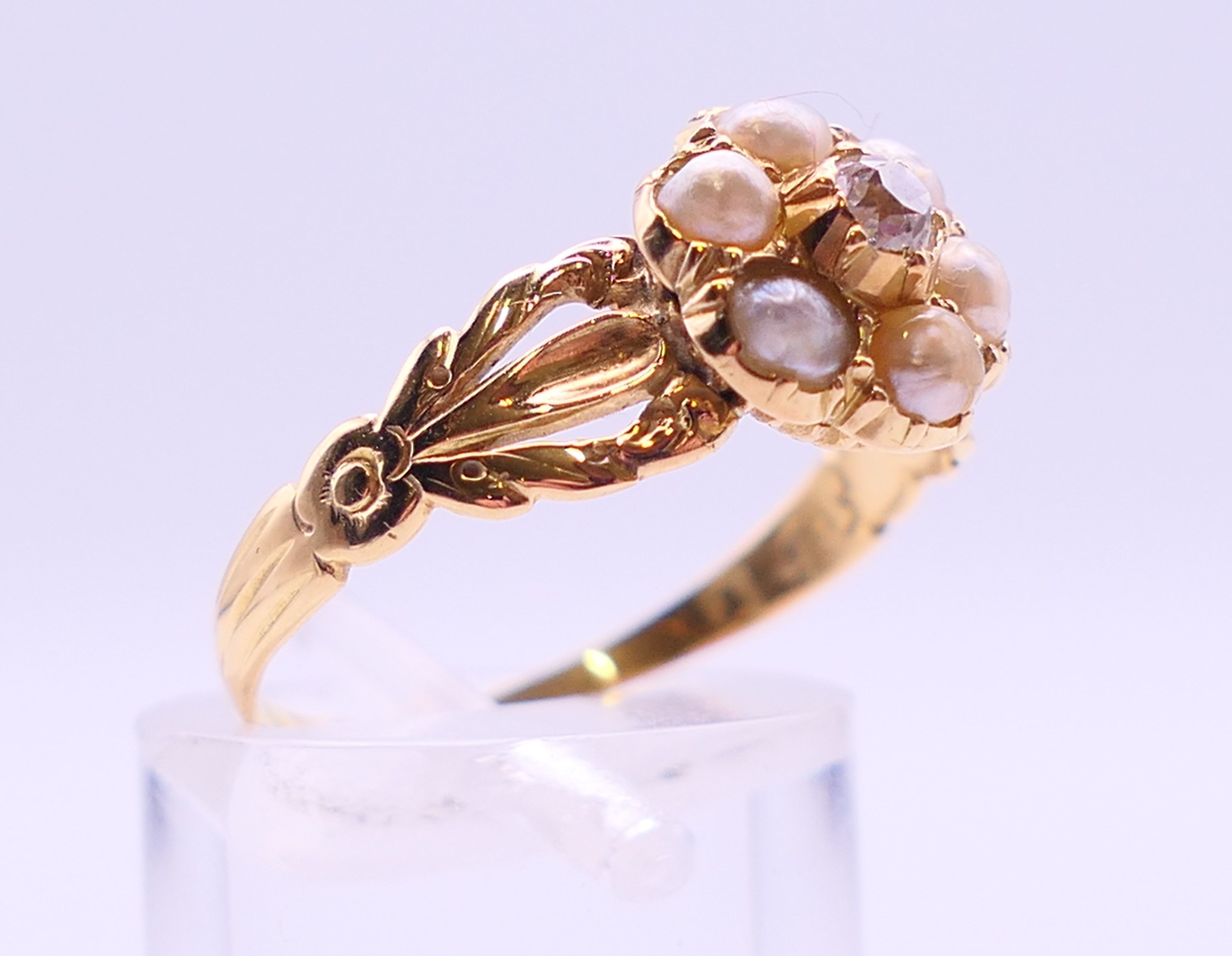 An unmarked gold, diamond and seed pearl ring, and another unmarked gold and seed pearl ring. - Image 9 of 11