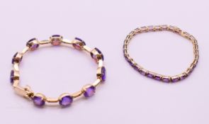 A 9 K gold and amethyst bracelet, together with an unmarked gold and amethyst bracelet.