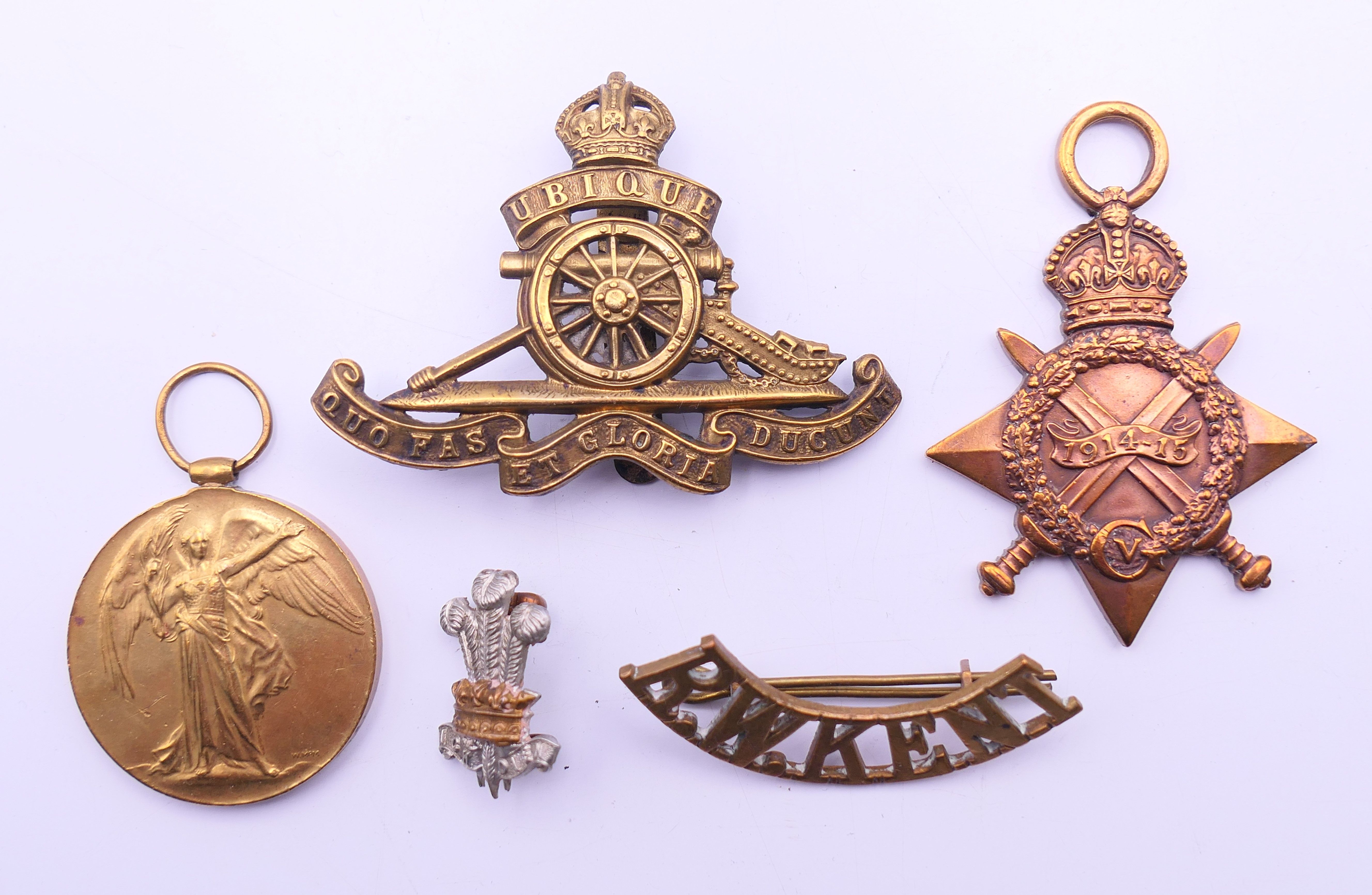 A 1914-1919 Victory medal, a 1914-15 Star medal awarded to 58061 Spr J E Mathews RE,