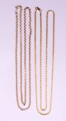 Two 9 ct gold chains. Rope twist chain 72 cm long, cable chain 70 cm long. 30.3 grammes.