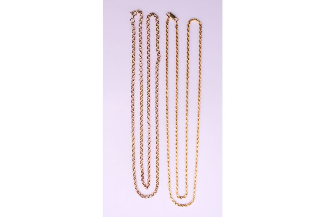 Two 9 ct gold chains. Rope twist chain 72 cm long, cable chain 70 cm long. 30.3 grammes. - Image 1 of 8