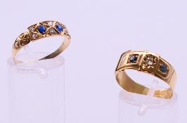 Two 18 ct gold, diamond and sapphire rings. Ring size each Q/R.