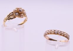 An unmarked gold, diamond and seed pearl ring, and another unmarked gold and seed pearl ring.