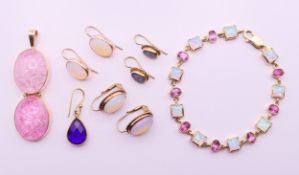 A quantity of stone set jewellery to include a 9 ct bracelet, etc. The bracelet 19 cm long.