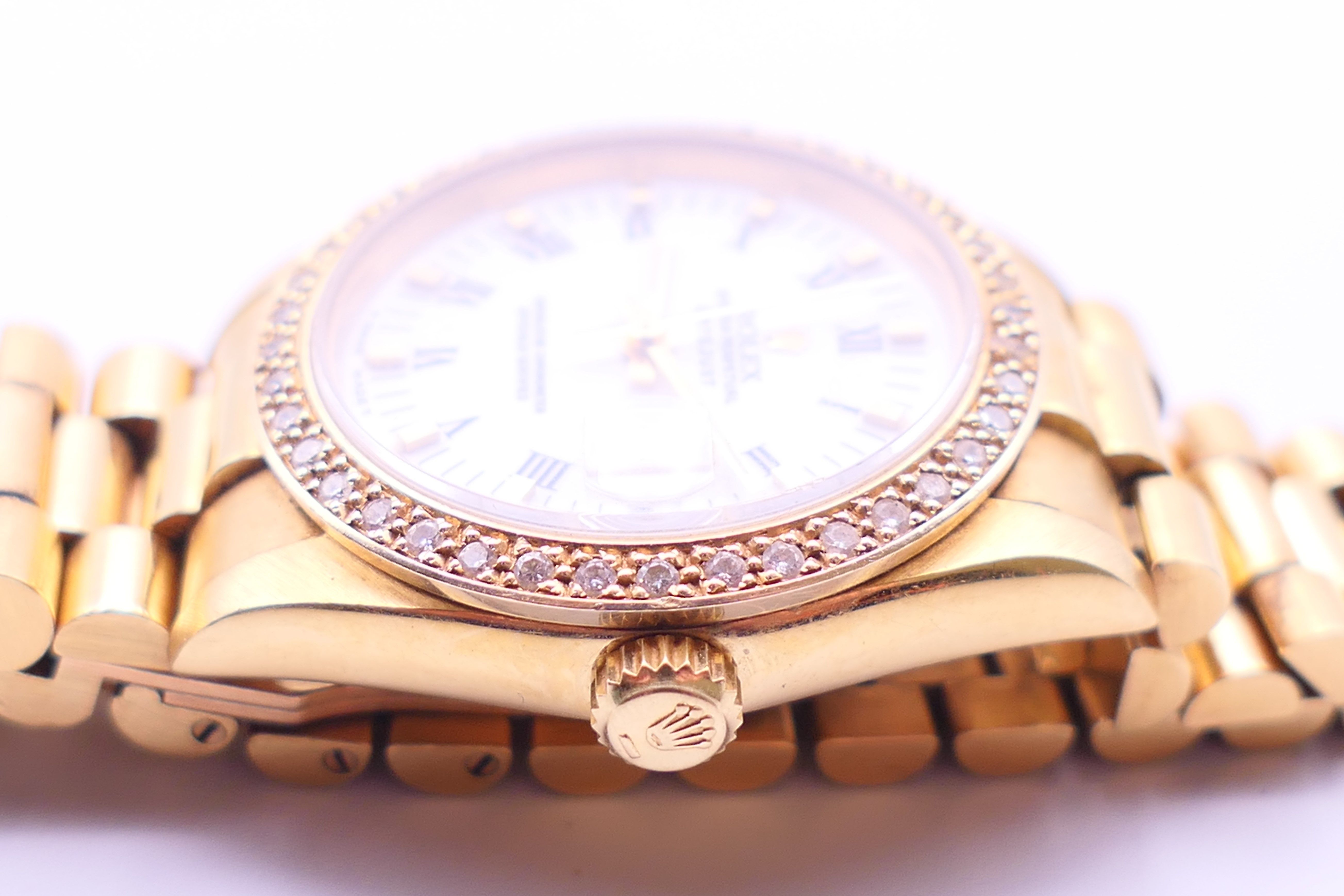 An 18 ct gold Rolex Oyster Perpetual Datejust chronometer wristwatch with associated diamond bezel - Image 4 of 12