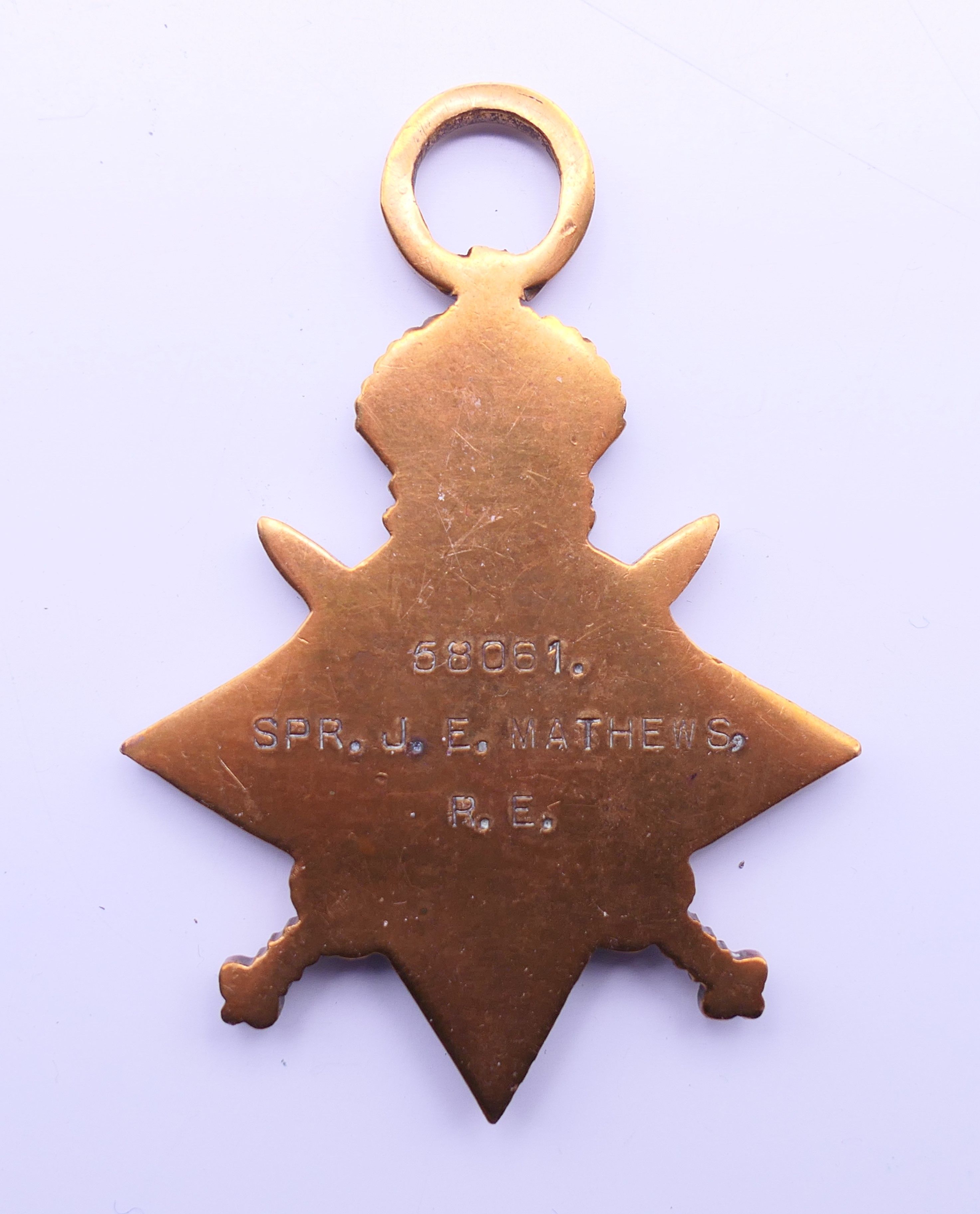 A 1914-1919 Victory medal, a 1914-15 Star medal awarded to 58061 Spr J E Mathews RE, - Image 4 of 8