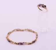 A 9 ct gold dress ring and a matching 9 ct gold bracelet. Bracelet 18 cm long. Ring size Q. 11.