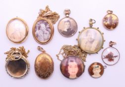 Ten assorted lockets, including a silver locket and two rolled gold lockets. The largest 3.