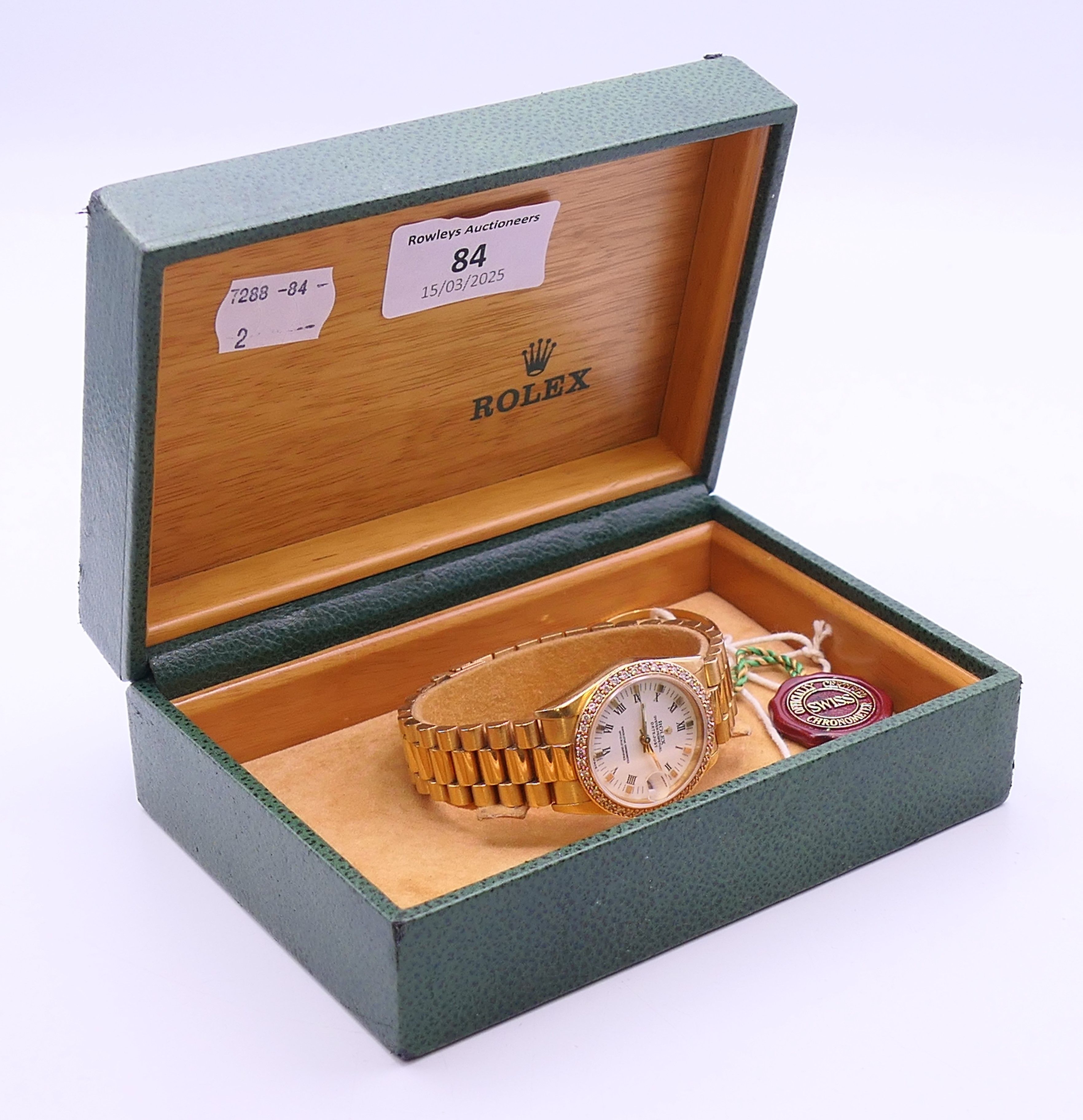 An 18 ct gold Rolex Oyster Perpetual Datejust chronometer wristwatch with associated diamond bezel - Image 9 of 12