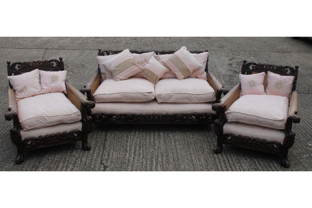 An early 20th century three-piece bergere suite. The settee 165 cm wide. - Image 4 of 12