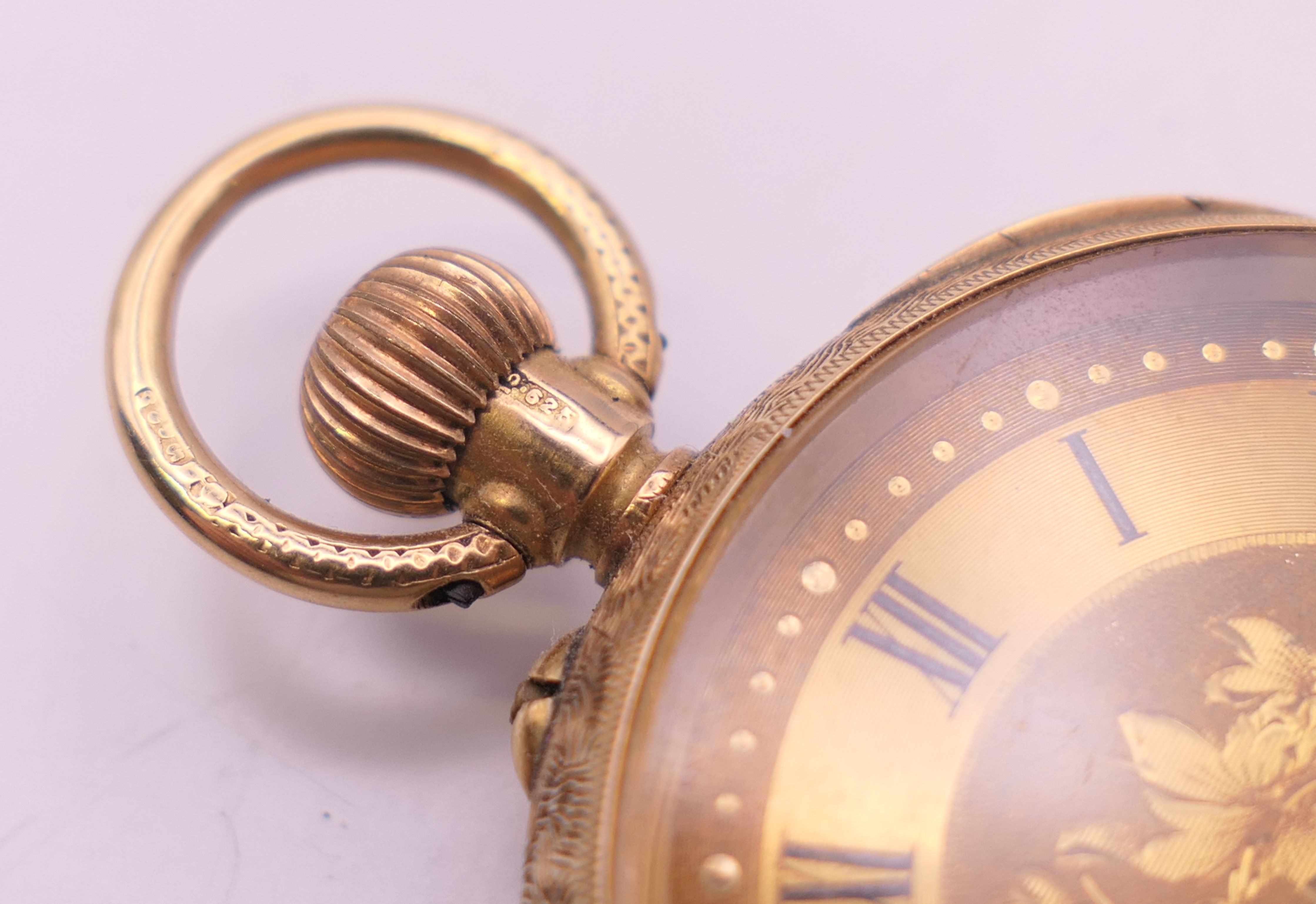 A 15 K gold J W Benson fob watch. 3.5 cm diameter. 29.5 grammes total weight. - Image 4 of 8