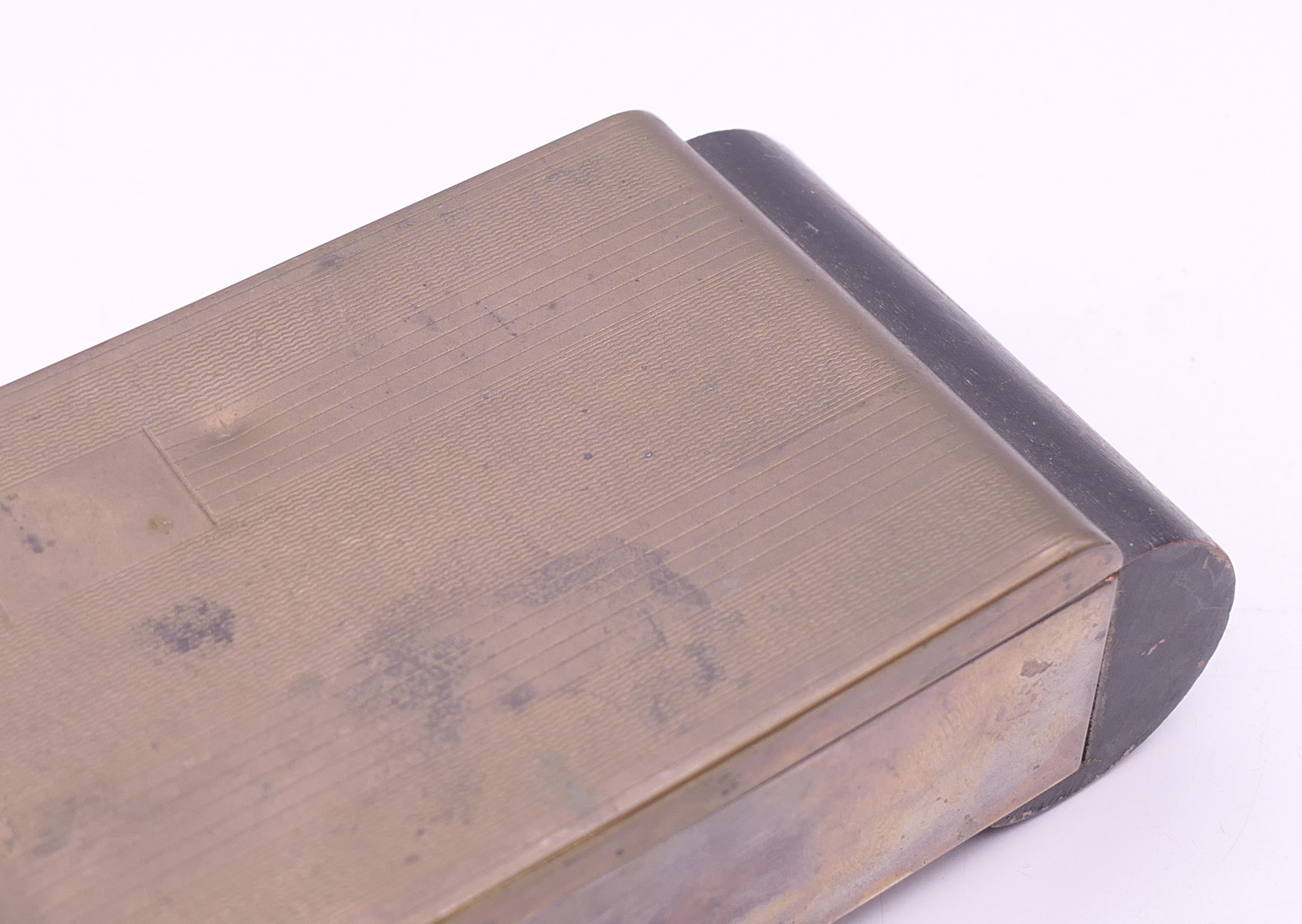 An Art Deco metal and wood cigarette box containing a quantity of coins. Box 15.5 x 8.25 x 4.5 cm. - Image 4 of 16