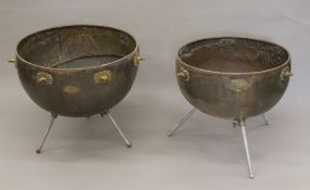 Two large garden brass planters formed from Riviere & Hawkes drums.