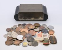 An Art Deco metal and wood cigarette box containing a quantity of coins. Box 15.5 x 8.25 x 4.5 cm.