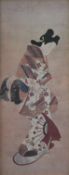 An Japanese print of a courtesan wearing a flowered kimono, framed and glazed. 40 x 78 cm overall.