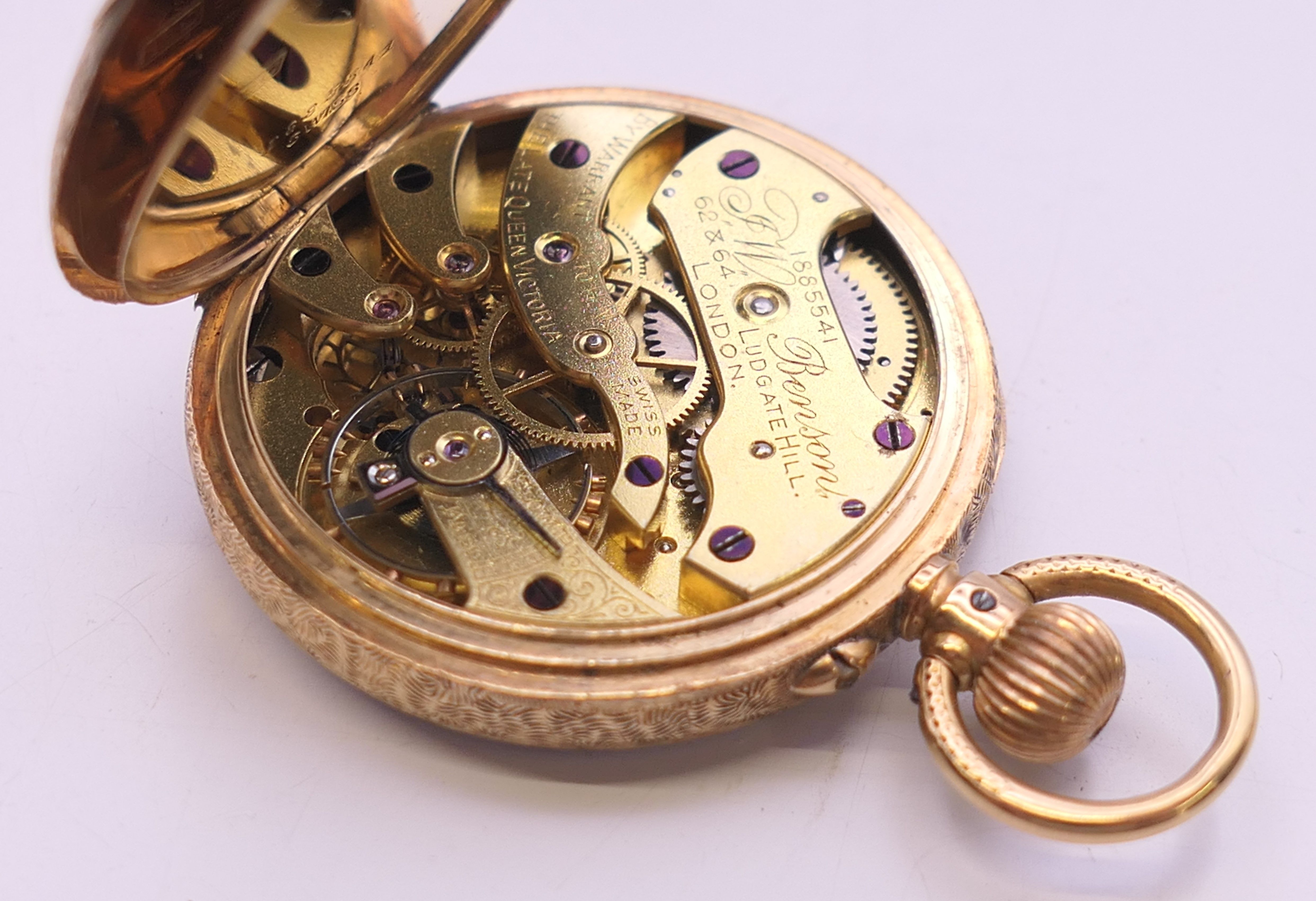 A 15 K gold J W Benson fob watch. 3.5 cm diameter. 29.5 grammes total weight. - Image 5 of 8