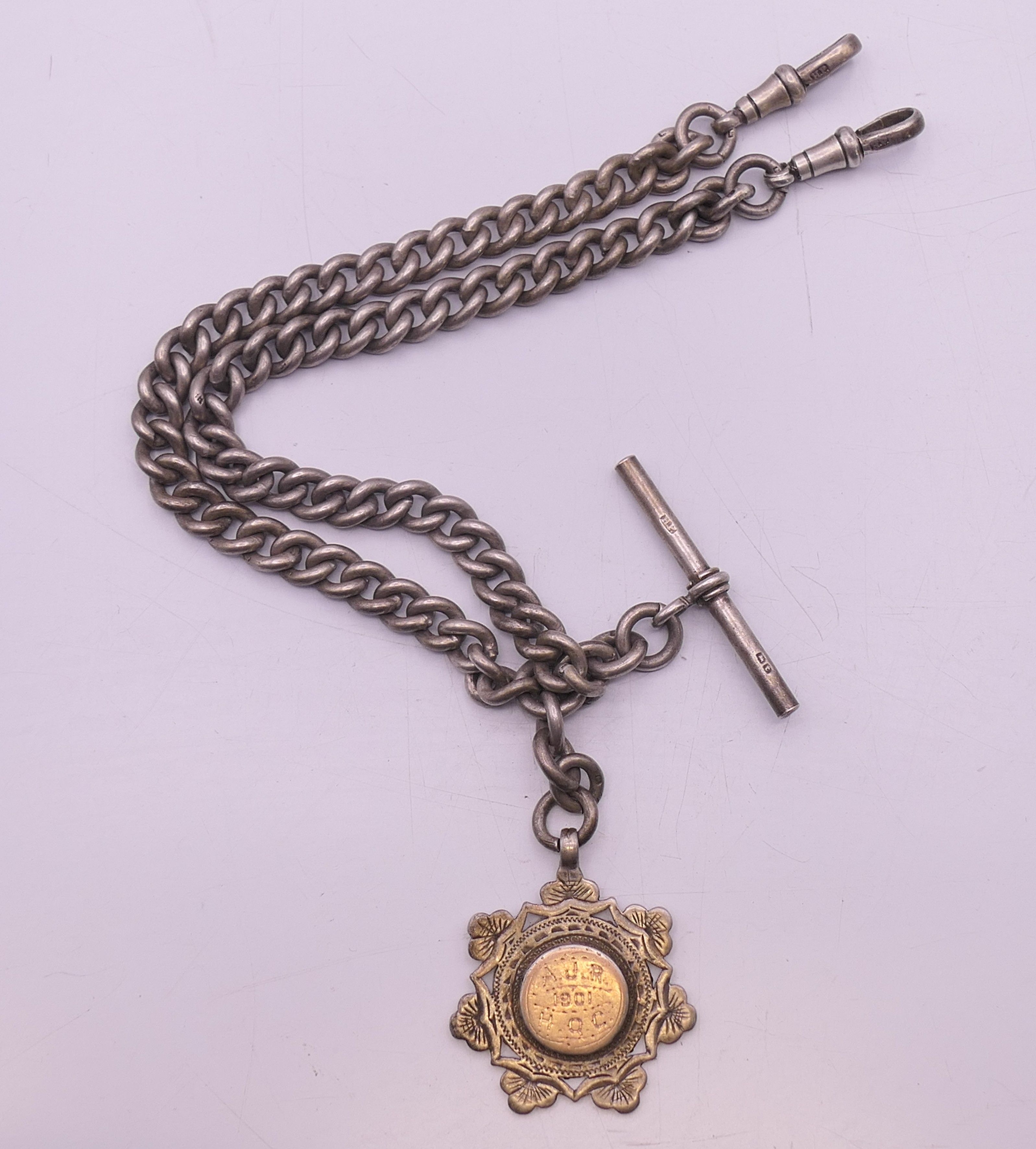 A silver Albert pocket watch chain and fob, the fob engraved AJR 1901 HQC. 38 cm long, fob 3. - Image 2 of 6