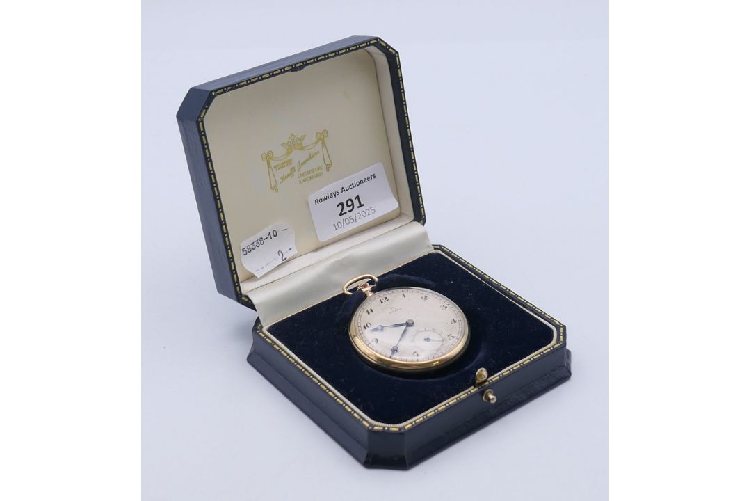 A 9 ct gold Omega open face pocket watch. 4.5 cm diameter. 63 grammes total weight. - Image 8 of 8
