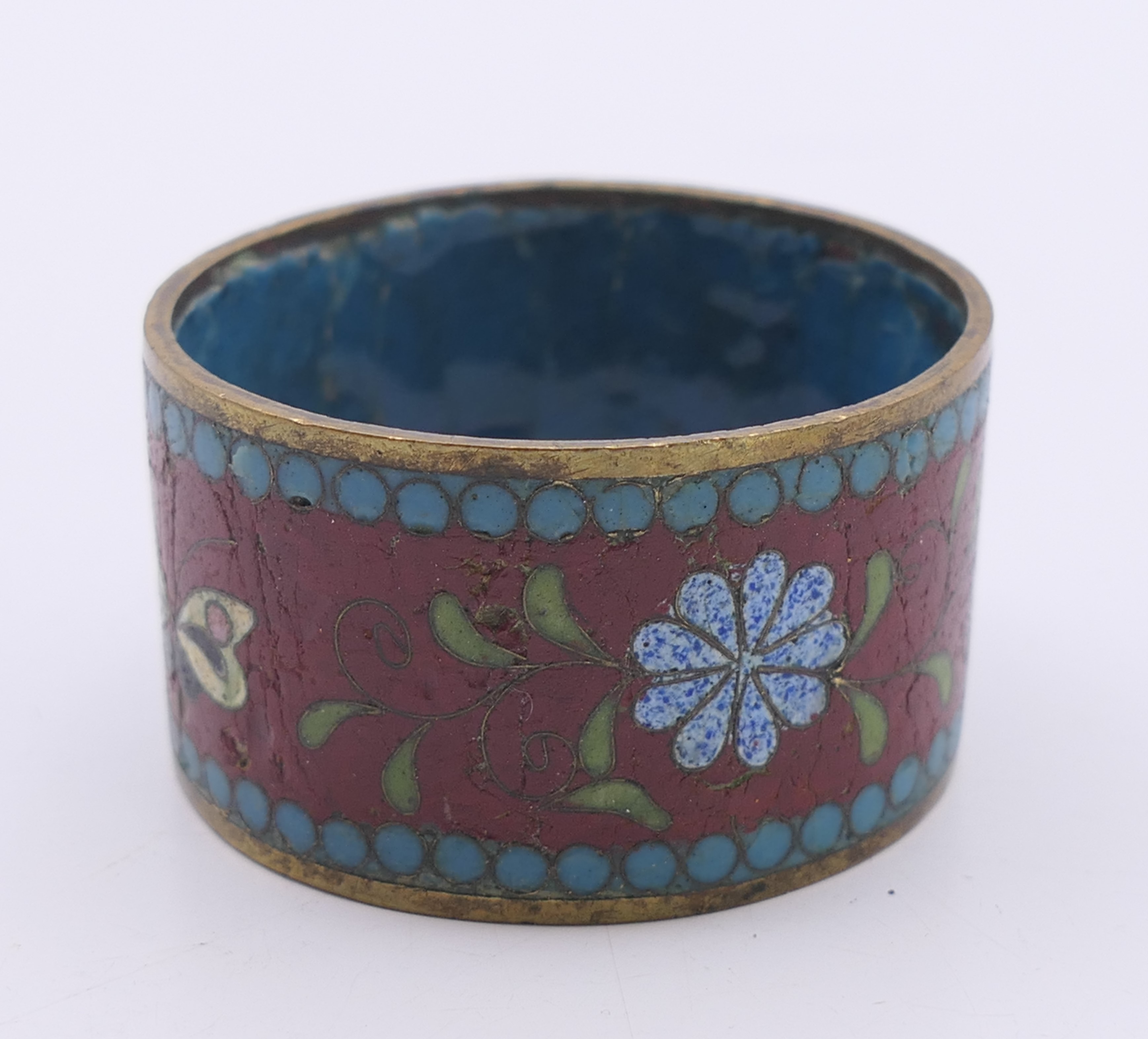 Three small Chinese cloisonne items comprising a miniature teapot, a lidded jar and a napkin ring. - Image 8 of 10