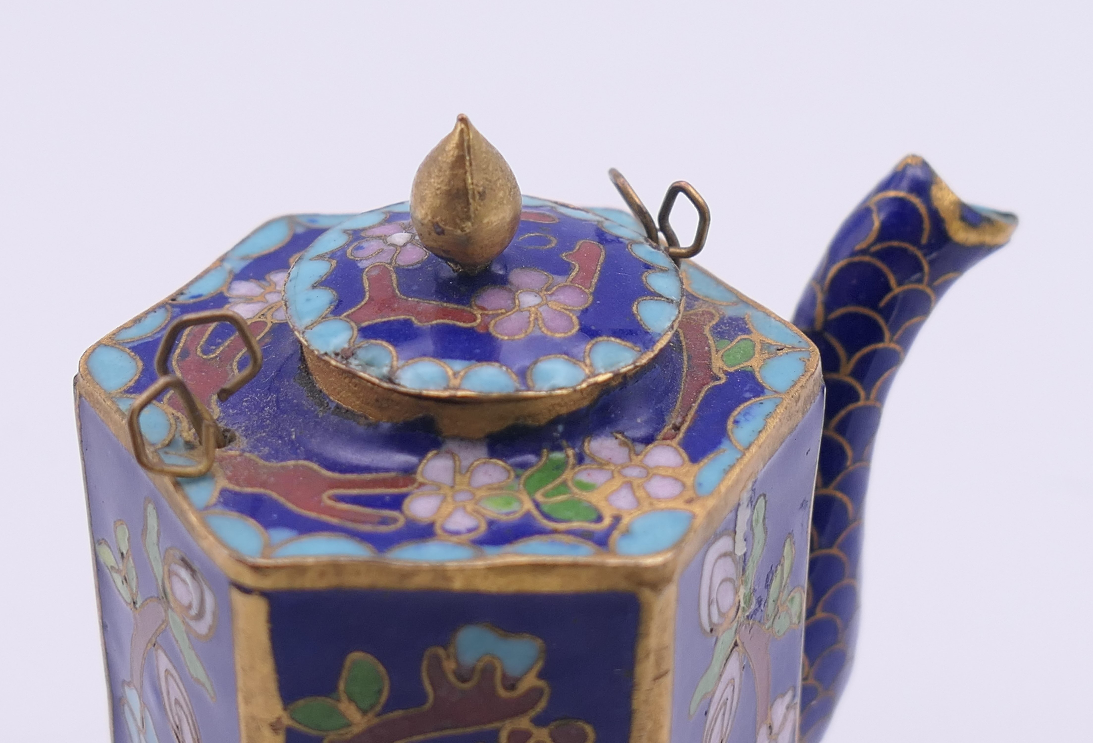 Three small Chinese cloisonne items comprising a miniature teapot, a lidded jar and a napkin ring. - Image 4 of 10