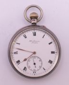 A J W Benson silver pocket watch. 5.25 cm diameter.