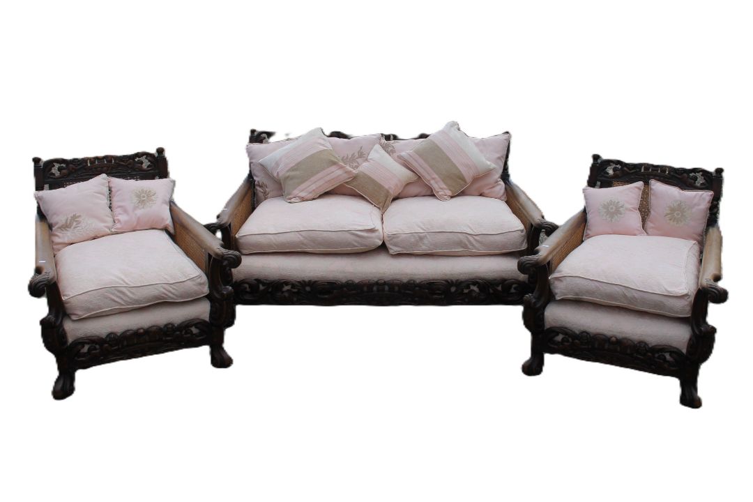 An early 20th century three-piece bergere suite. The settee 165 cm wide. - Image 3 of 12