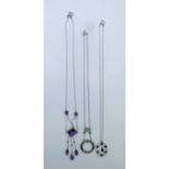 Two amethyst necklaces and an amethyst pendant on chain.