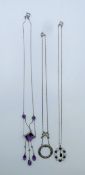 Two amethyst necklaces and an amethyst pendant on chain.
