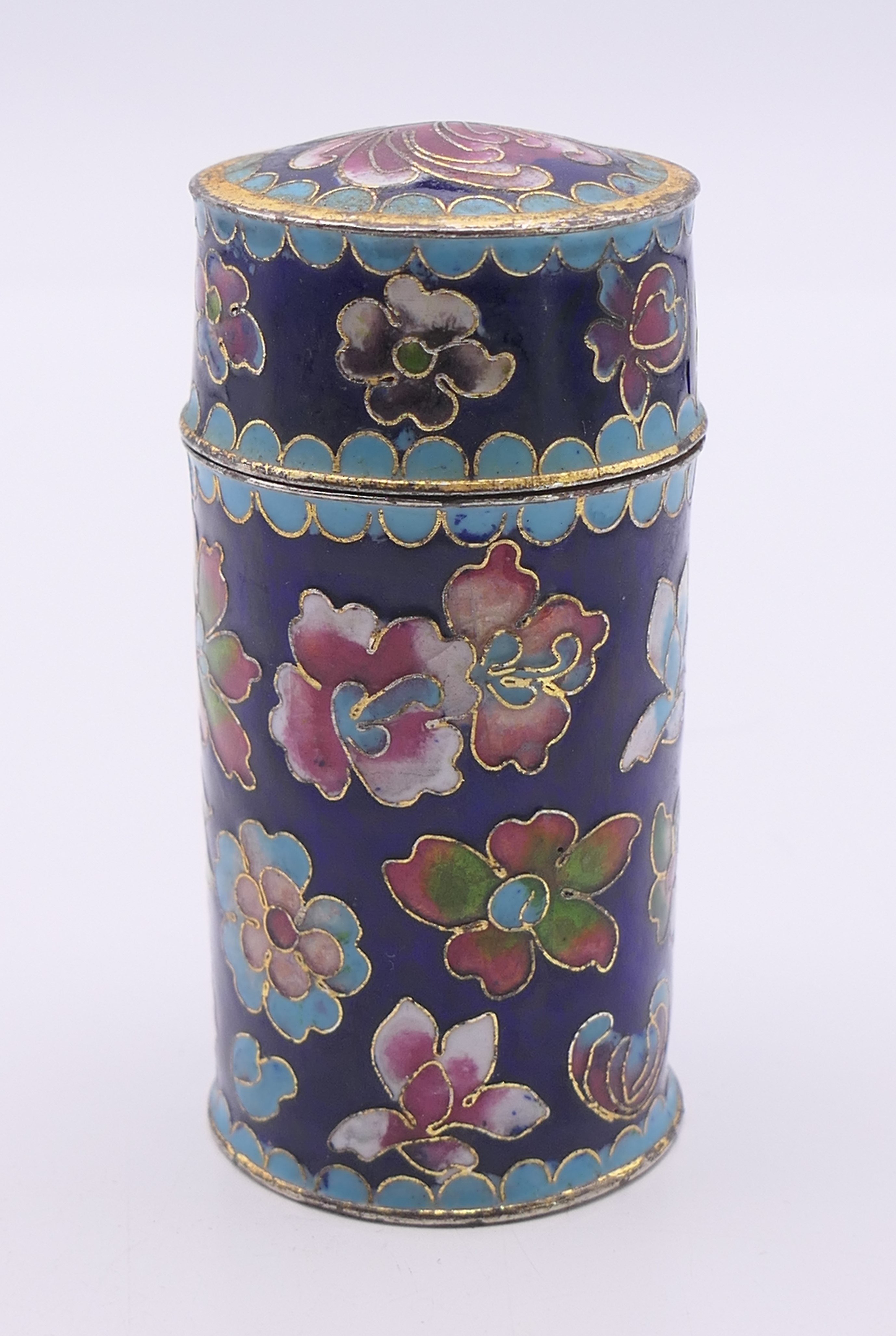 Three small Chinese cloisonne items comprising a miniature teapot, a lidded jar and a napkin ring. - Image 5 of 10