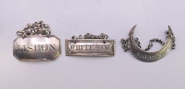 Three silver wine labels: WHITE WINE by Margaret Binley, hallmarked for London 1770,