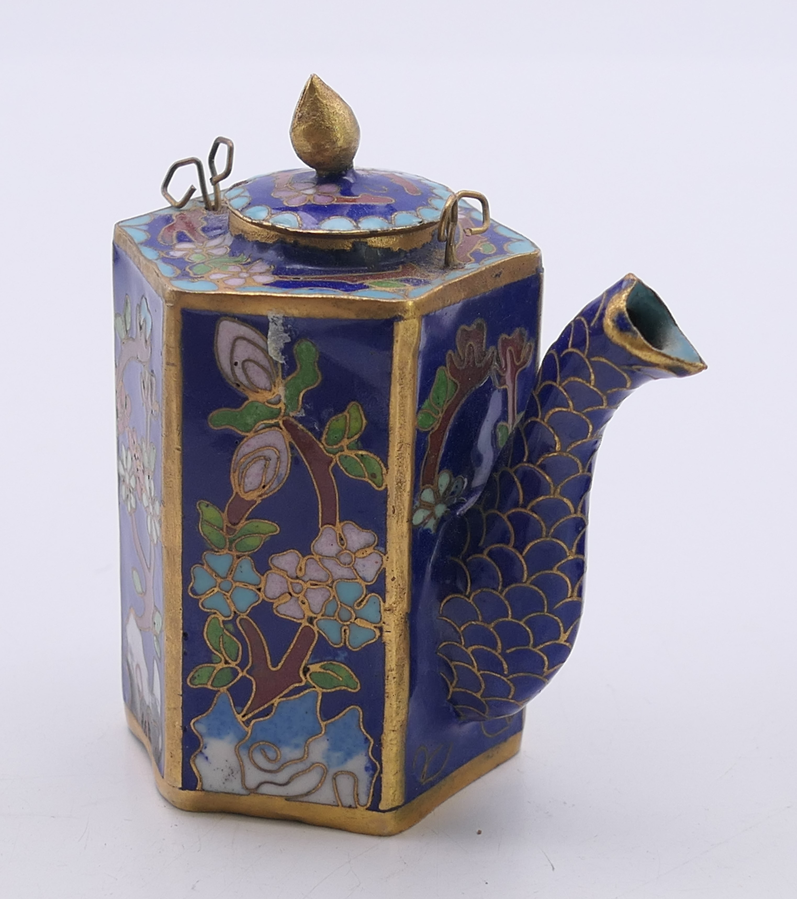 Three small Chinese cloisonne items comprising a miniature teapot, a lidded jar and a napkin ring. - Image 2 of 10