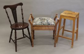 A piano stool, an oak stool and a side chair. The former 57 cm wide.