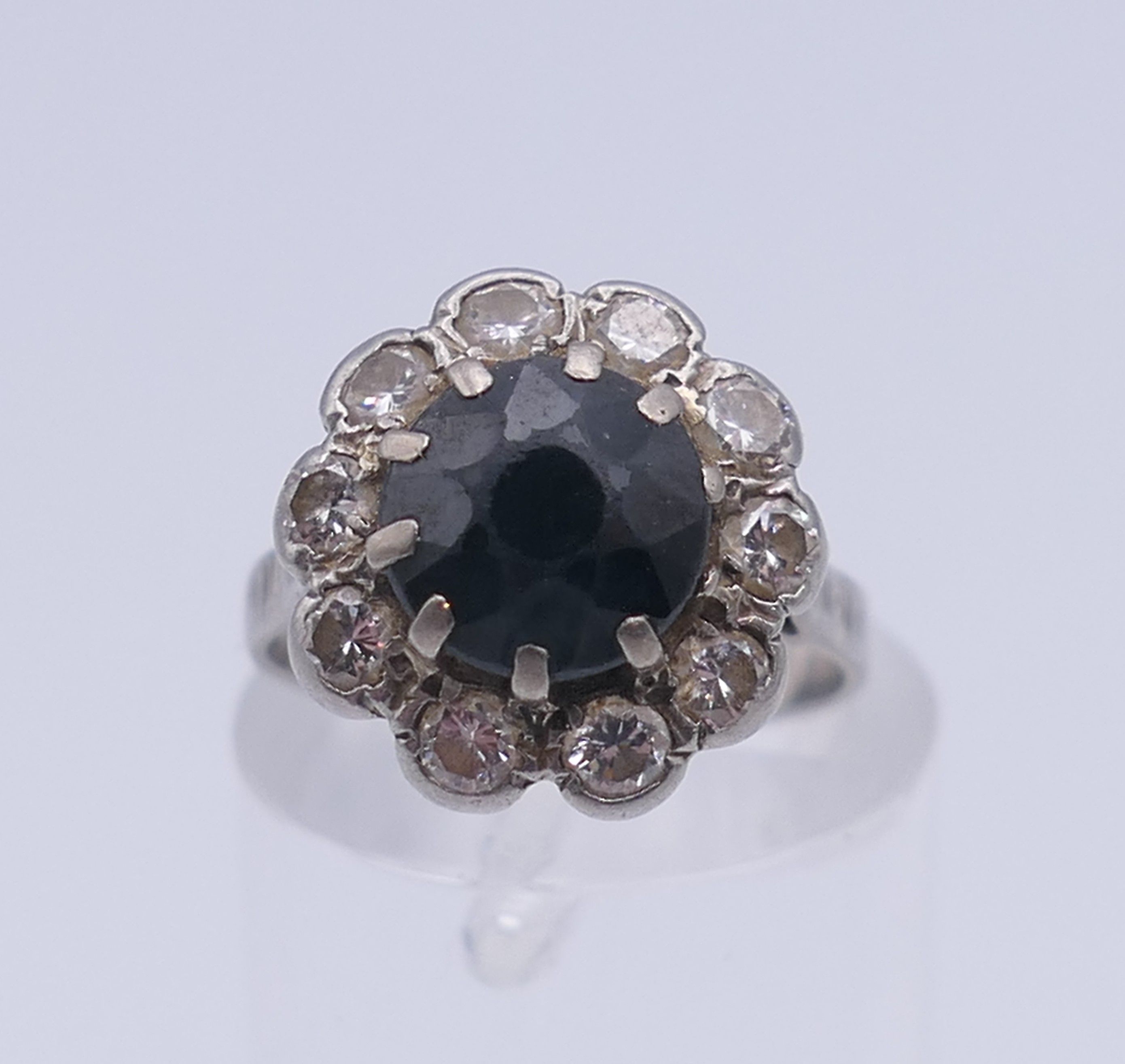 A platinum diamond and sapphire ring. Ring size H. - Image 7 of 8