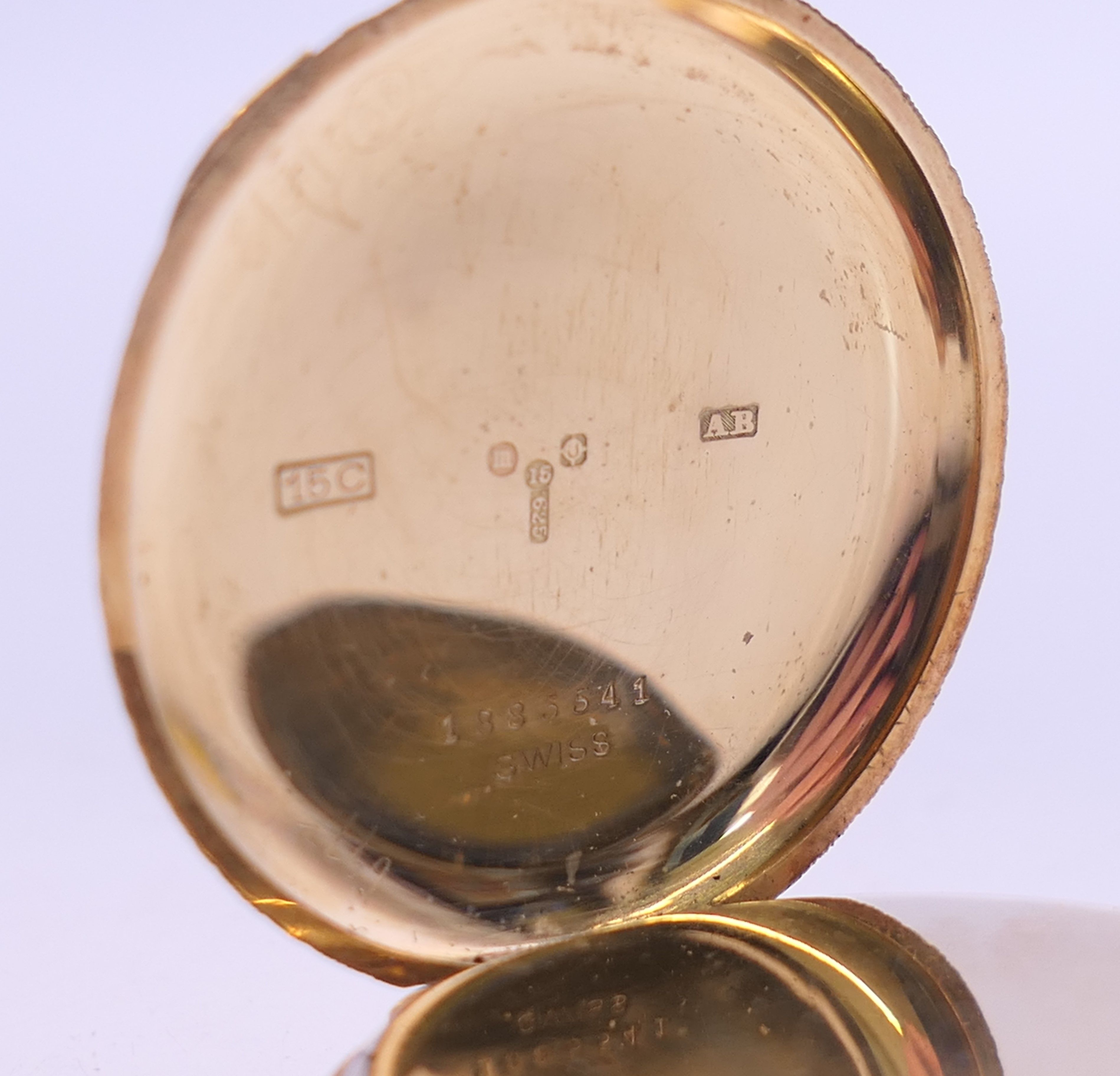 A 15 K gold J W Benson fob watch. 3.5 cm diameter. 29.5 grammes total weight. - Image 7 of 8