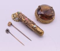 Two Victorian stick pins, a vintage pen and a brooch. Brooch 4 cm diameter.