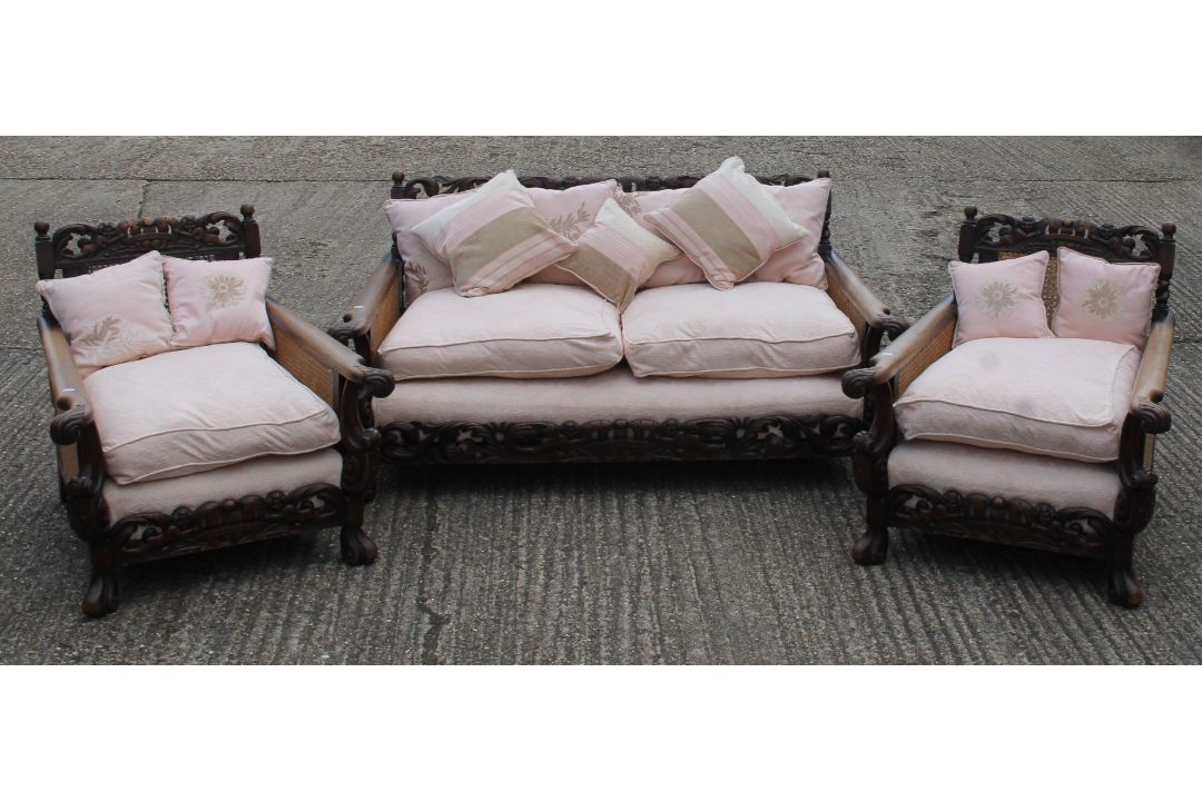 An early 20th century three-piece bergere suite. The settee 165 cm wide. - Image 2 of 12