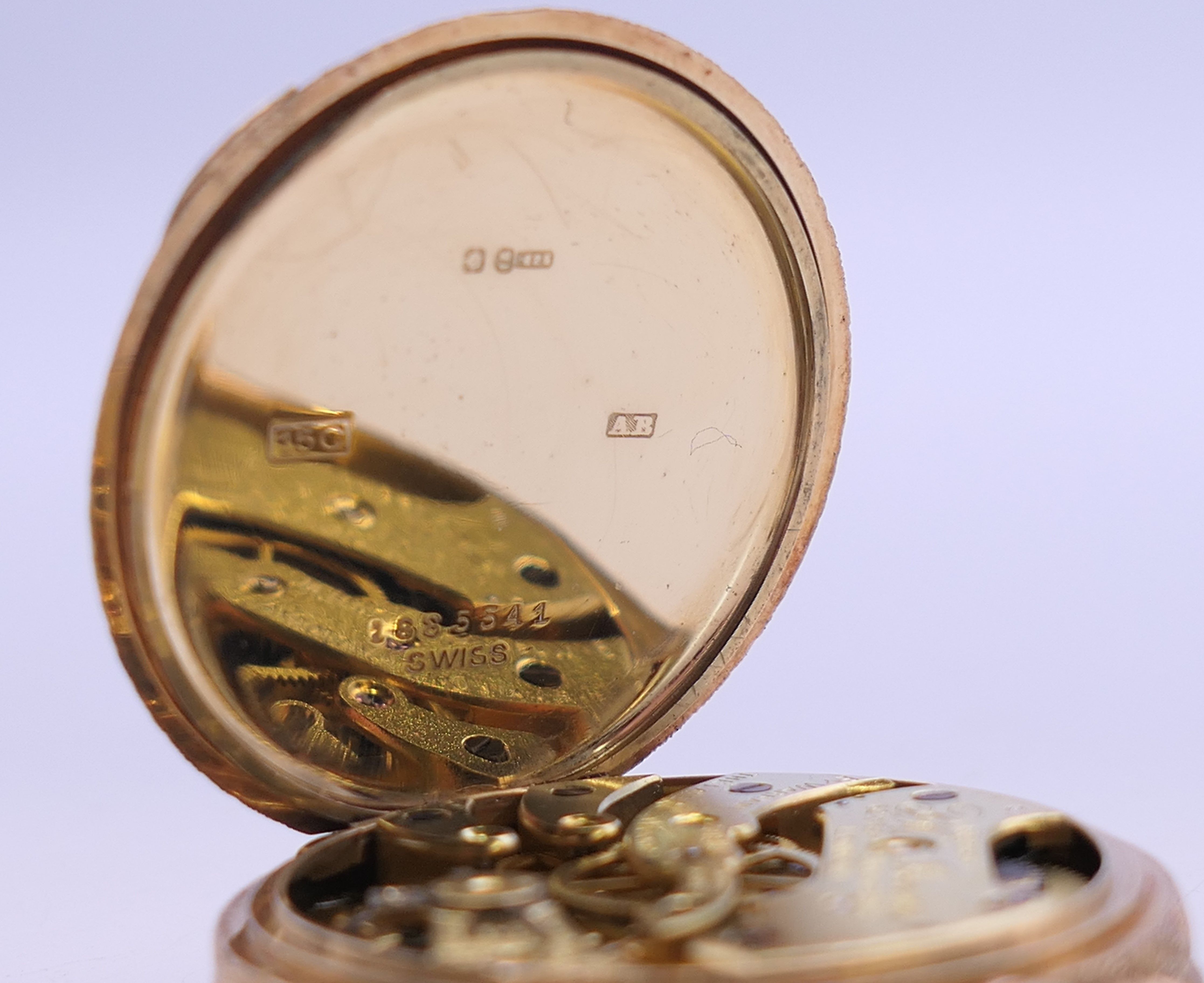A 15 K gold J W Benson fob watch. 3.5 cm diameter. 29.5 grammes total weight. - Image 6 of 8