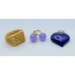 A pair of 14 K gold and lavender jade earrings,