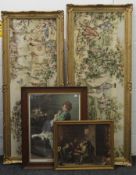 Two framed tapestries and a quantity of prints. The former each 151 x 61 cm overall.