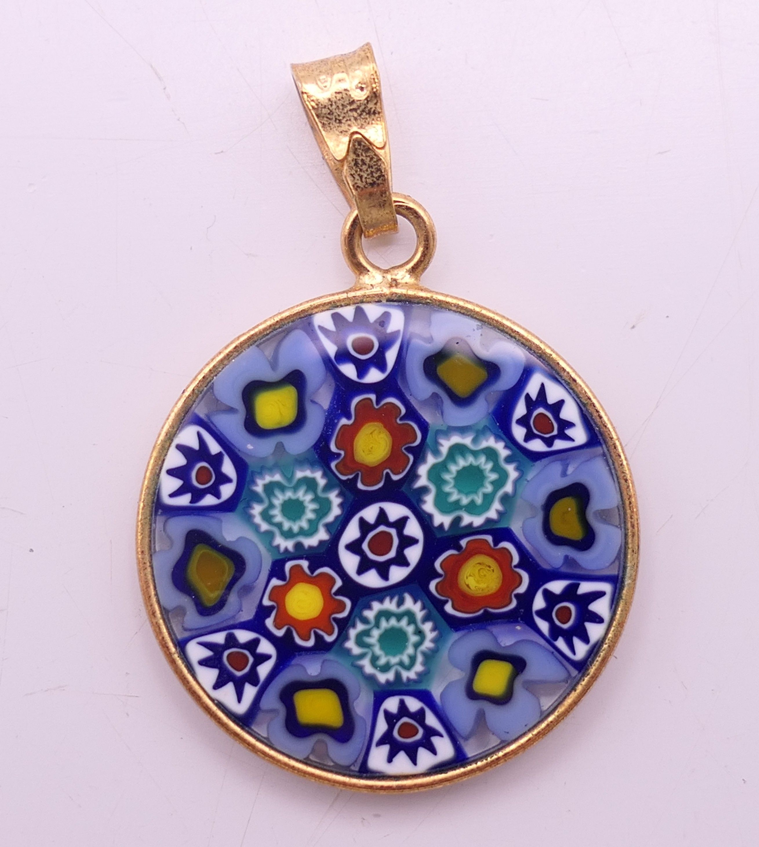 Two silver gilt Venetian millefiori glass pendants. 2.5 and 2 cm diameter respectively. - Image 2 of 8