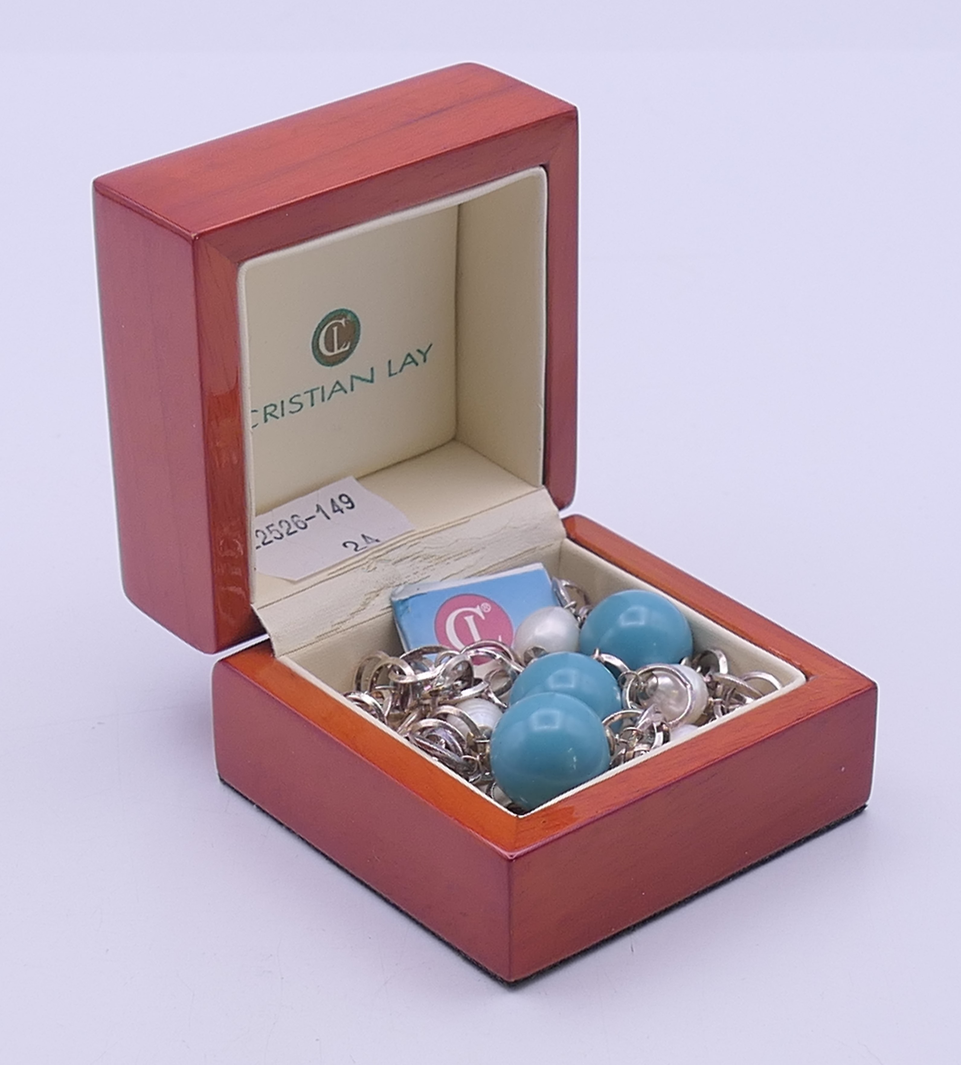 A boxed Christian Lay silver necklace set with pearls and Tiffany blue roundels, with certificate. - Image 5 of 5