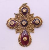 An antique gold garnet and seed pearl cross pendant, the later back tested as 18 ct gold. 5 cm x 4.