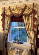 A pair of floral lined pencil-pleat curtains and a curtain rail,