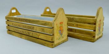 A pair of wood 'Harrods' boxes. Each 35 cm long.