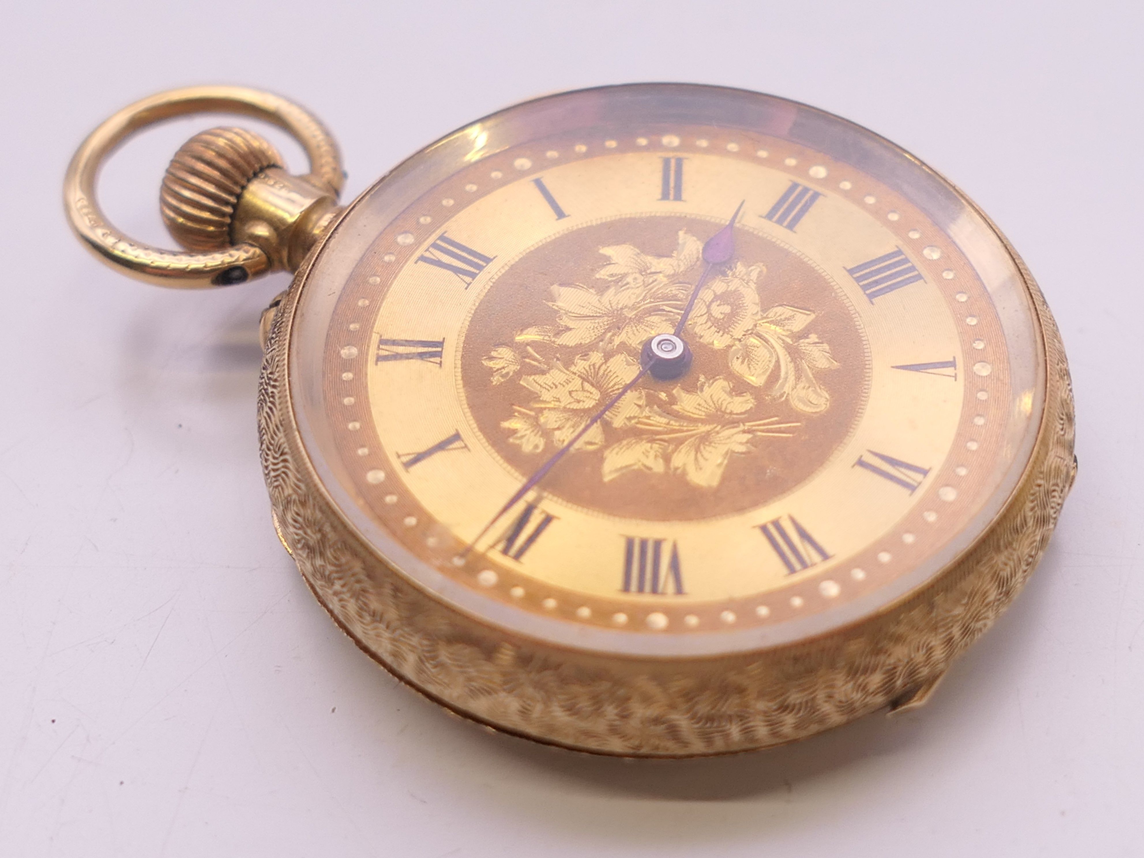 A 15 K gold J W Benson fob watch. 3.5 cm diameter. 29.5 grammes total weight. - Image 3 of 8
