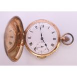 A 9 ct gold chiming full hunter pocket watch. 5 cm diameter. 83.5 grammes total weight.