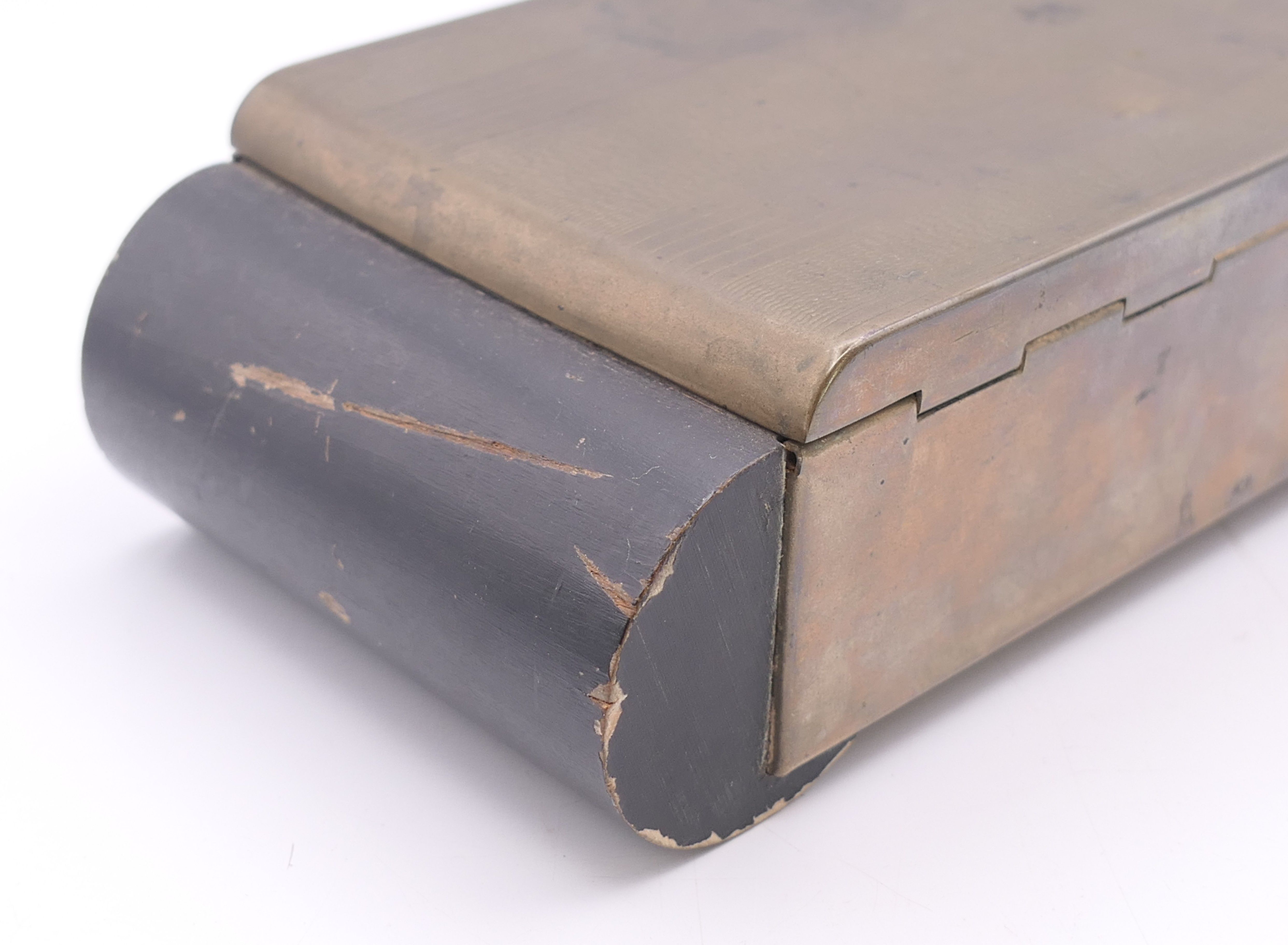An Art Deco metal and wood cigarette box containing a quantity of coins. Box 15.5 x 8.25 x 4.5 cm. - Image 7 of 16